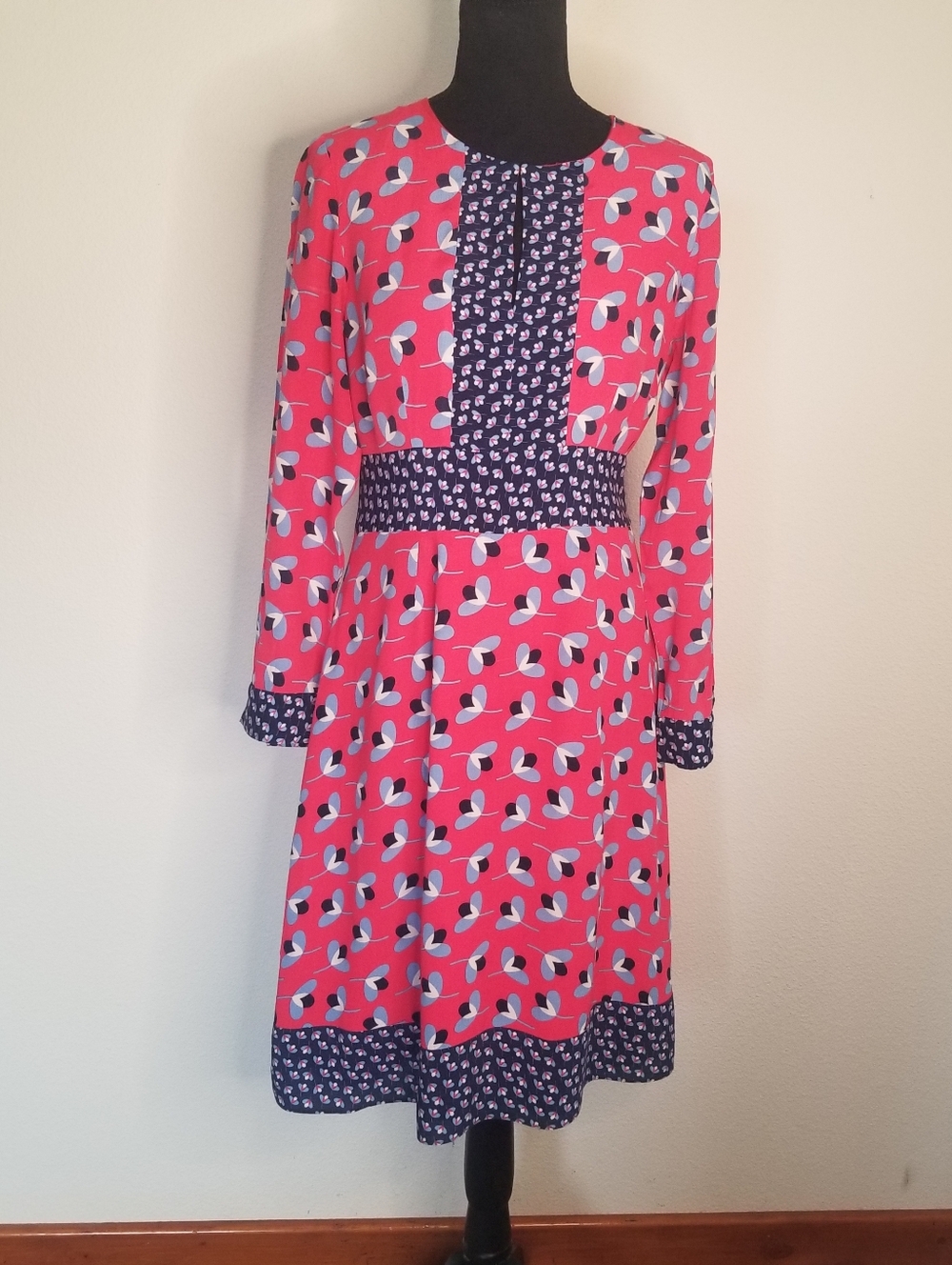 Boden Dress Lined Fitted Bodice Modest Long Sleeve Red Blue 6